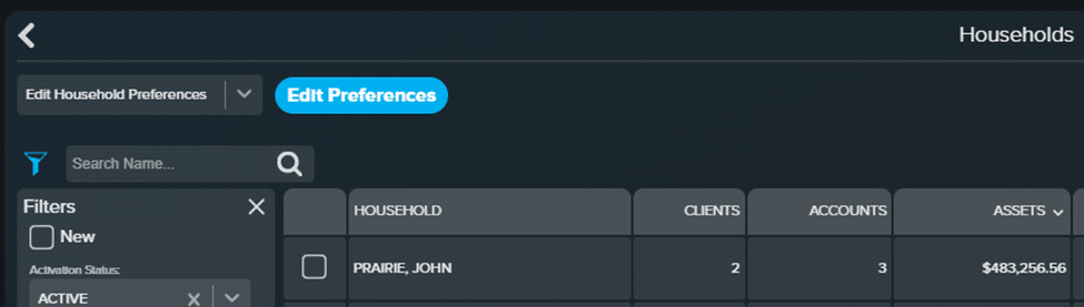 Screenshot of Circleblack application showing how to select the households to be updated with select Edit Preferences showing