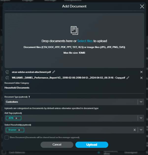 CircleBlack Document Vault allows you to upload a diverse type of files, add Tags, and select Households