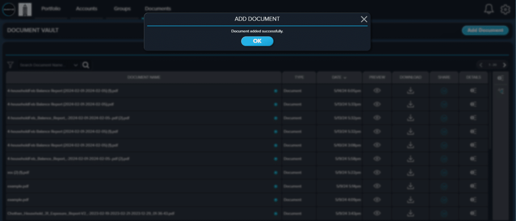 Users are notified clearly when a document is successfully added in the CircleBlack Document Vault